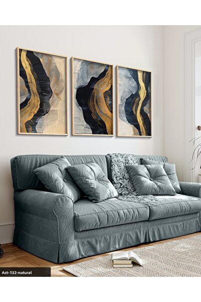 Evinemoda Forme diferite în culoarea auriu și bleumarin 3 piese pictură înrăm...