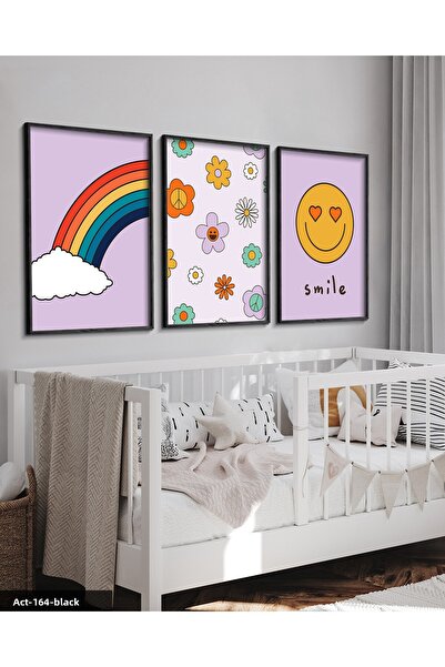 Evinemoda Curcubeu și zâmbet 3 piese pictură înrămată în lemn negru ACT