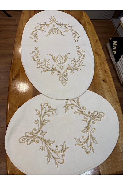 incisecrethome Σετ 2 Βαμβακερές Οβάλ Χαλιές Μαράσι με Κέντημα Χρυσό Κέντημα – 70x120 & 60x80