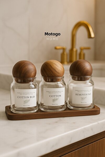 Mottogo طقم حمام من 3 قطع من الزجاج – حامل قطن وعلبة أعواد تنظيف الأذن بغطاء ...