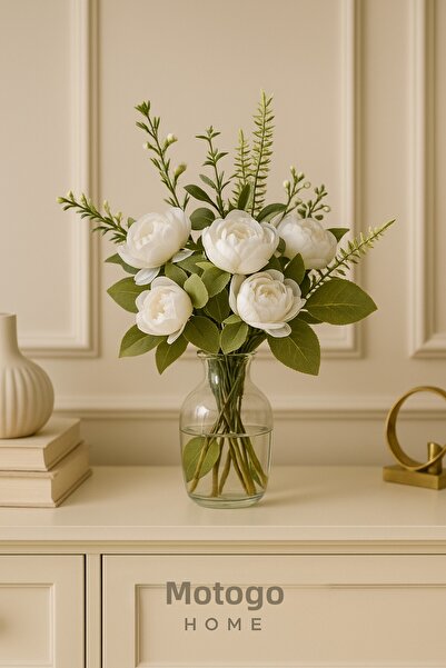 Mottogo باقة زهور الفاوانيا الاصطناعية البيضاء - ترتيب زهور الفاوانيا الزخرفي...