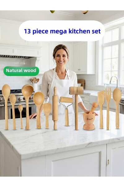 AHER Natural Wood 13 Piece Mega Kitchen Set |   Metal Headed Mallet, Pestle, ...
