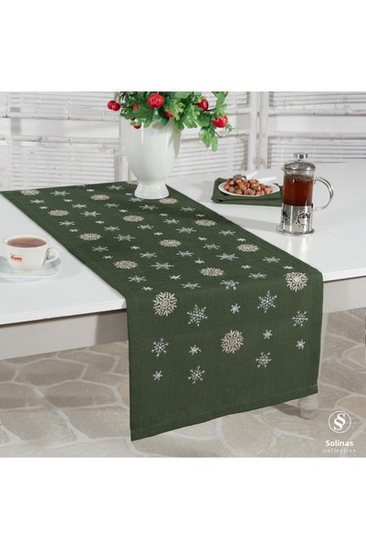 Solinas Collection Runner brodat verde din țesătură Mila Gardenya