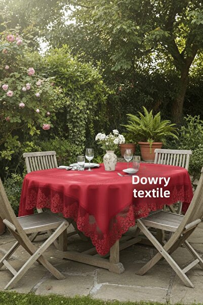 Çt Çeyizci Tekstil Patterned, Wrinkle-Free, Stain-Resistant Lace Tablecloth, Tile Pattern Tablecloth - Red