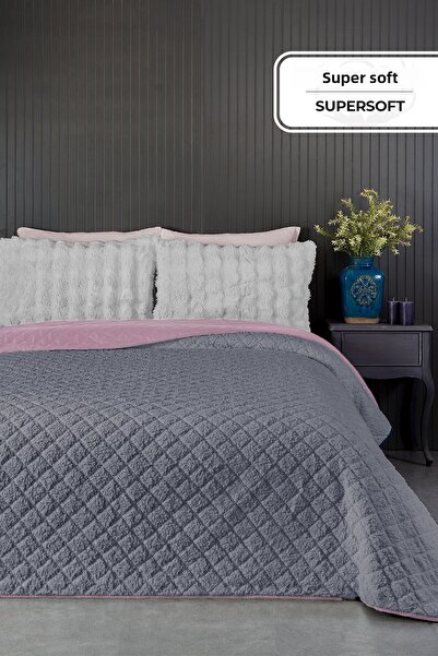 Evlen Home Collection Premium Plush Single Multi-Purpose Bedspread 160X220 Double-Sided Blanket Pike Anthracite Powder