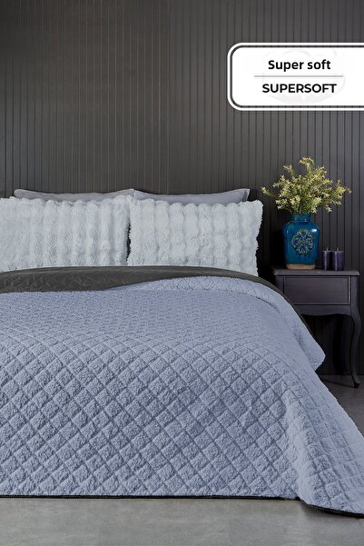 Evlen Home Collection Premium Plush Single Multi-Purpose Bedspread 160X220 Double-Sided Blanket Gray Blue Anthracite