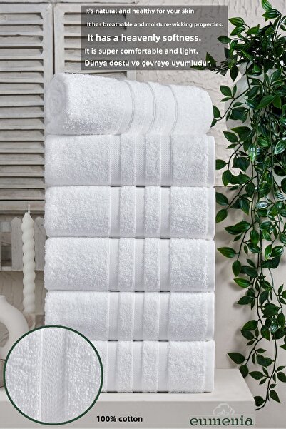 eumenia Pure White 100% Cotton 6-Piece White Hotel Towel Hand & Face Bath Towel Set 50X90 cm