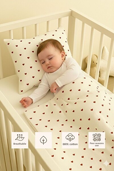 Sevza Kids 100% Cotton 2-Piece Muslin Baby Duvet Cover Set - Heart Pattern - 90X100 35X45