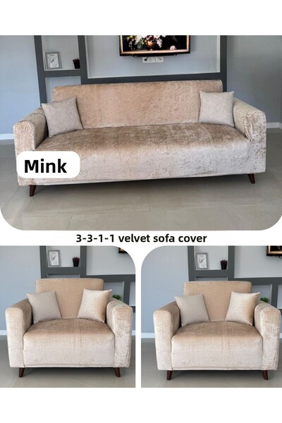 OSIO Velvet 3 3 1 1 Sofa Cover Set, Stretchable Soft Fabric with Elastic