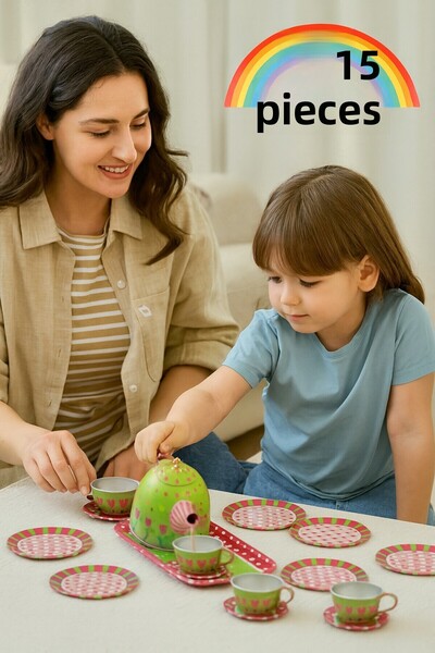 TOYFEST Metal 15 Piece Tea Set Dollhouse Toy Set Girl Children Green Flower Pattern Play