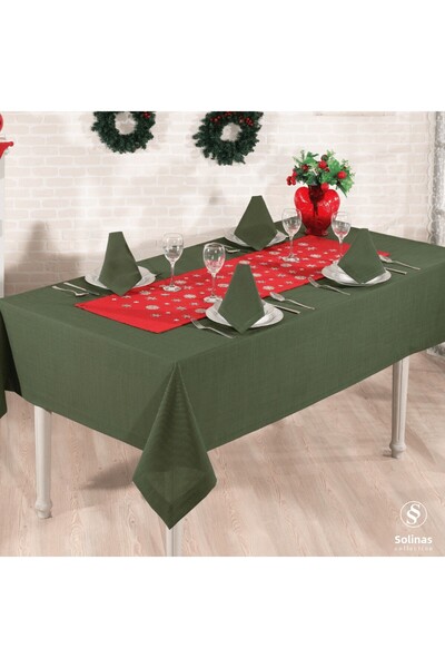Solinas Collection Mila Gardenya Fabric 14 Piece Green Tablecloth Embroidered Runner and Red Napkin