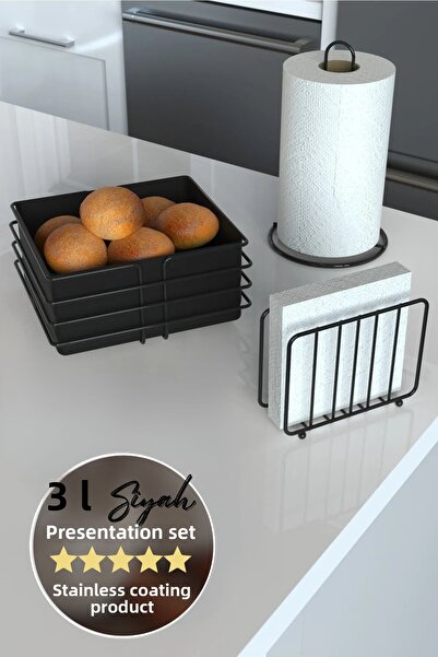 Home Stuff Black 3-Piece Square Bread Serving Presentation Set, Upright Roll Towel Holder, Cage Napkin Holder