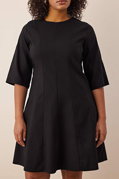 Trendyol Curve Black Three Quarter Sleeve Godeli Mini Woven Plus Size Dress Tbbaw26Ah00074