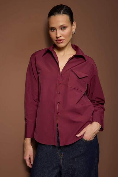 Trendyol Collection Burgundy Pocket Detailed Buttoned Front Shirt Twoaw26Go00058