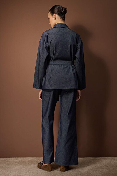 Trendyol Collection Dark Blue Flowy Thin Fabric Denim Bottom - Top Set Twoss26Au00013