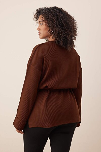 Trendyol Curve Brown Belted Long Knit Sweater Tbbaw26An00038