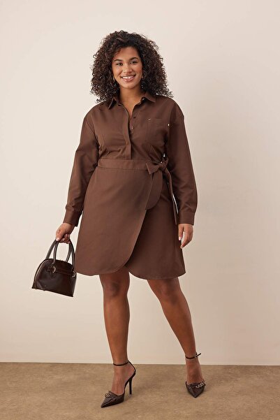 Trendyol Curve Brown Shirt Collar Tie Detail Mini Woven Plus Size Dress Tbbaw26Ah00051