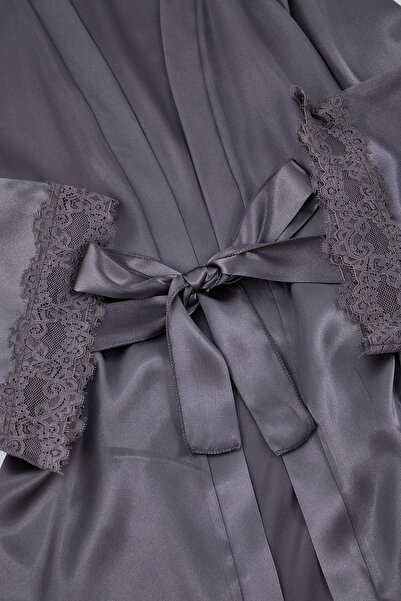 Trendyol Curve Anthracite 3-Piece Dowry Set Lace Detailed Satin Woven Pajama Set