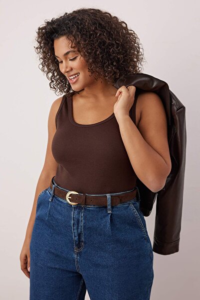 Trendyol Curve Brown Pool Collar Sleeveless Knitted Plus Size Undershirt Tbbss25Cv00019