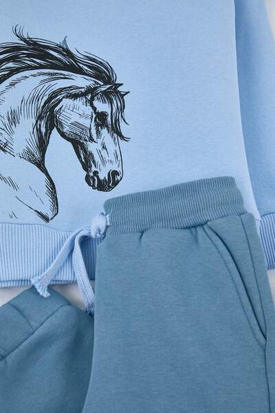 TRENDYOLKIDS Blue Cotton Fleece-Lined Printed Boys' Knitted Bottom - Top Set Tkdaw26Au00073