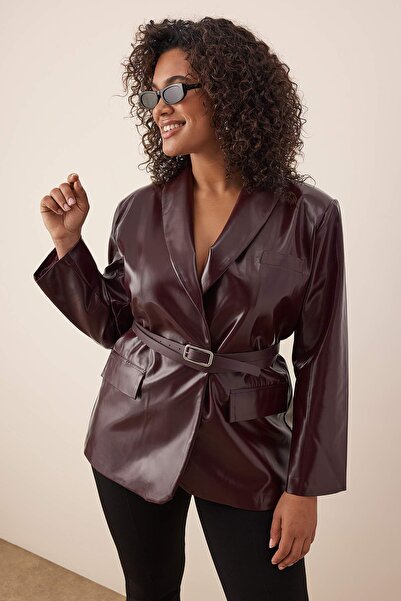 Trendyol Curve Burgundy Belted Double Breasted Closure Faux Leather Blazer Jacket Tbbaw26Ag00041