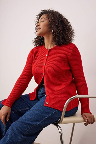 Trendyol Curve Red Crew Neck Jacket-Looking Knitwear Cardigan Tbbaw26Av00025