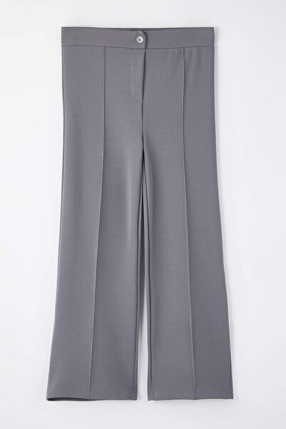 Trendyol Curve Gray Rib Detailed Straight Fit Knitted Plus Size Pants Tbbaw26Ar00029