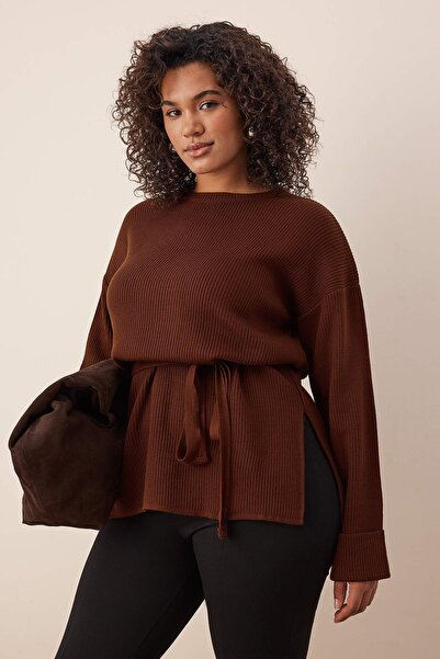 Trendyol Curve Brown Belted Long Knit Sweater Tbbaw26An00038