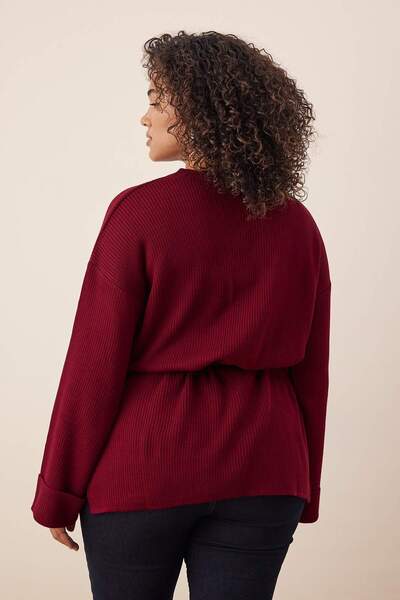 Trendyol Curve Burgundy Belted Long Knit Sweater Tbbaw26An00038