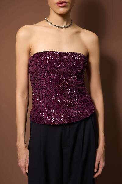 Trendyol Collection Plum Strapless Sequined Bodycon Party Blouse Tpraw26Bz00059