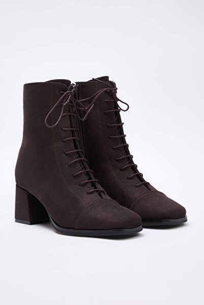 TRENDYOL SHOES Brown Suede Lace-Up Square Toe Women's Block Heeled Ankle Boots Takaw26Bo00074