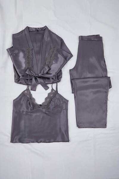 Trendyol Curve Anthracite 3-Piece Dowry Set Lace Detailed Satin Woven Pajama Set
