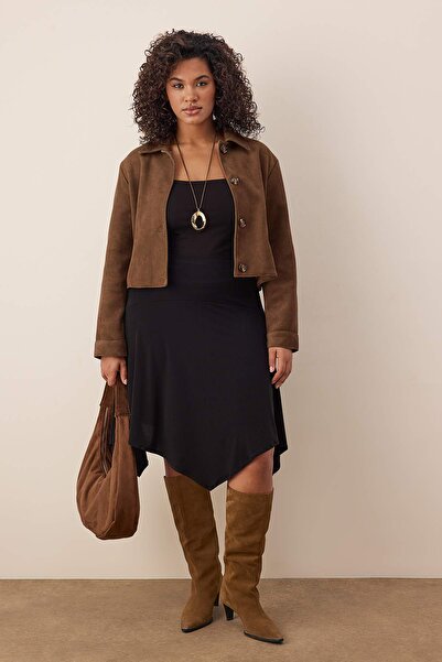 Trendyol Curve Black Elastic Waist Skirt Asymmetrical Knitted Midi Plus Size Skirt Tbbaw26Az00020