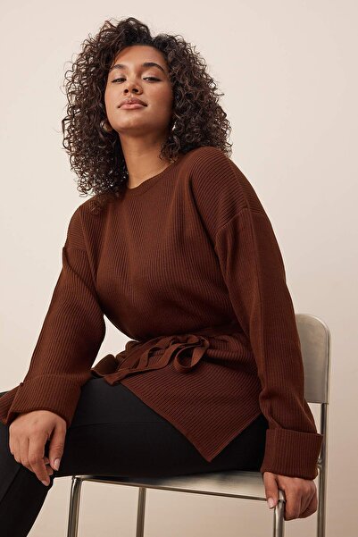 Trendyol Curve Brown Belted Long Knit Sweater Tbbaw26An00038