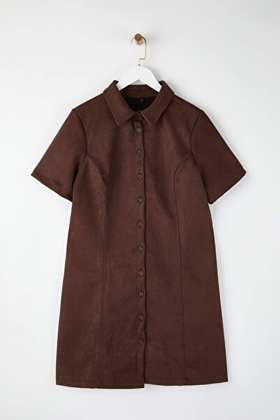 Trendyol Curve Dark Brown Shirt Collar Short Suede Woven Plus Size Dress Tbbaw26Ah00069
