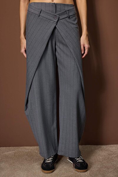 Trendyol Collection Gray Volume Pleated Balloon Fit Striped Fabric Pants Twoaw26Pl00149