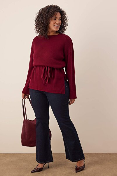 Trendyol Curve Burgundy Belted Long Knit Sweater Tbbaw26An00038