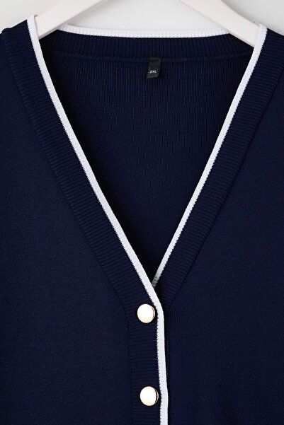 Trendyol Curve Navy Blue Button Detailed Striped Knitwear Cardigan Tbbaw24Av00014