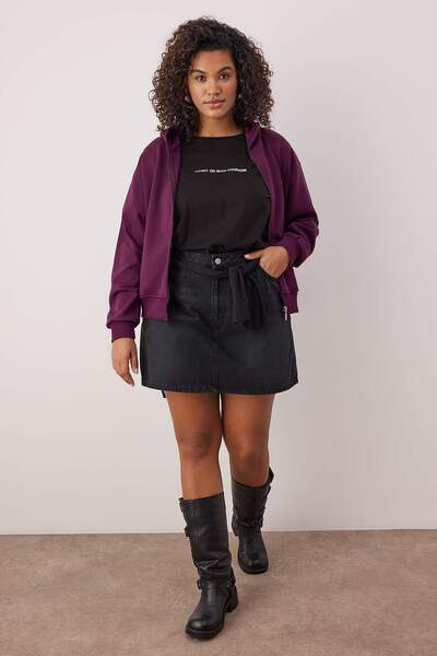 Trendyol Curve Mor Regular Fit Flowy Fabric Front Zipper Plus Size Sweatshirt Tbbaw26Ao00031