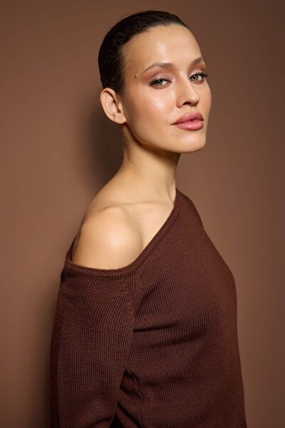 Trendyol Collection Brown Lace Paneled Boat Neck Knitwear Sweater Twoaw26Kz00276