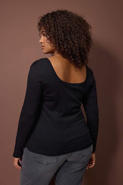 Trendyol Curve Black U-Neck Knitted Plus Size Blouse Tbbaw26Af00112