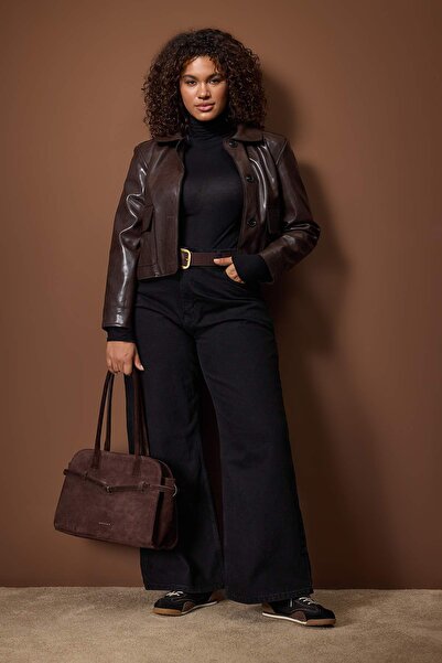 Trendyol Curve جينز أنثراسايت عالي الخصر من التسعينيات ذو أرجل واسعة/واسعة مقاس كبير TBBAW26CJ00053