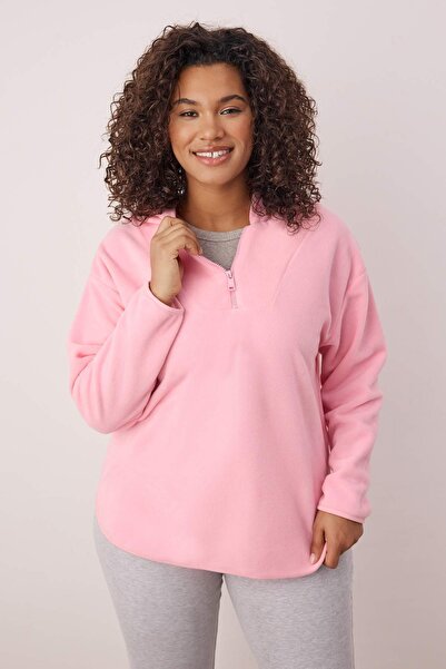 Trendyol Curve Rózsaszín kapucnis vastag polár kötött nagyméretű pulóver TBBAW23AO00064