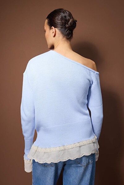 Trendyol Collection Blue Lace Paneled Boat Neck Knitwear Sweater Twoaw26Kz00276