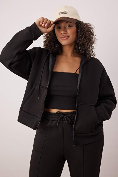Trendyol Curve Black 3-Piece Fleece Inside Hooded Relaxed Knitted Oversized Tracksuit Set Tbbaw26Ts00001