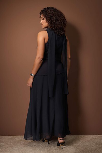 Trendyol Curve Black Chiffon Woven Plus Size Party/Evening/Night Dress Tbbaw26Ah00076