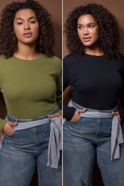 Trendyol Curve Black-Khaki 2-Pack Crop Camisole Knitted Plus Size Blouse Tbbaw26Af00055