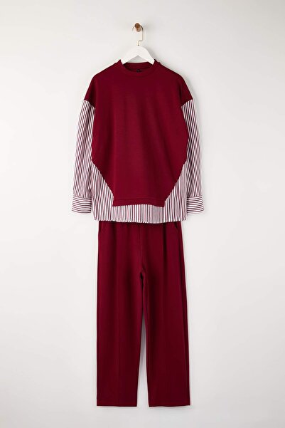 Trendyol Modest Burgundy Striped Woven Fabric Detailed Knitted Top and Bottom Set Tctss25Us00042