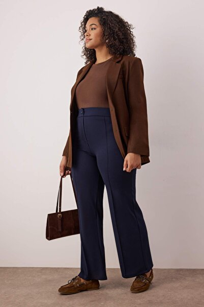 Trendyol Curve Navy Blue Ribbed Detailed Straight Fit Knitted Plus Size Trousers Tbbaw26Ar00029