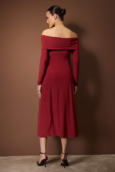 Trendyol Collection Tile Carmen Collar A-Line/Bell Opening Flexible Knitted Midi Dress Twoaw26El00143